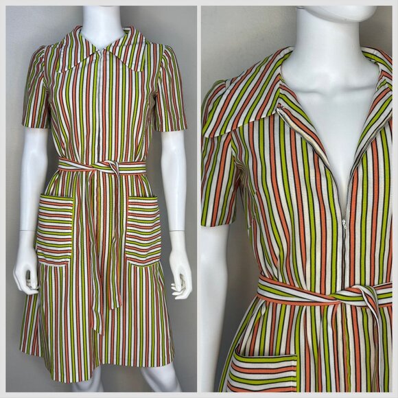 Vintage 1970s Striped Mod Dress, Large Collar, Handmade, S/M, Double Knit Zip Up - Picture 1 of 7